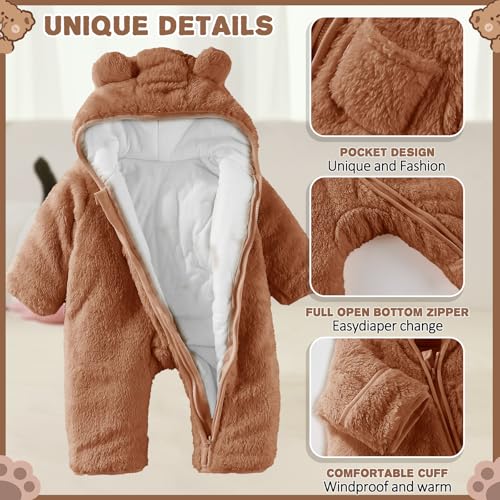 Newborn Baby Bear Outfit With Fold-Over Mittens and Footies 0-3 Months Girls Boys Winter Thickened Fleece Clothes