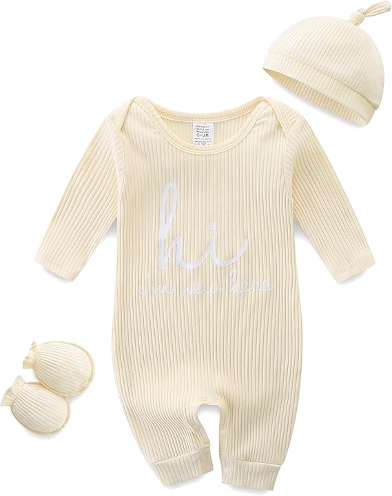 Baby Romper with Baby Mittens & Newborn Hats Footless Long Sleeve