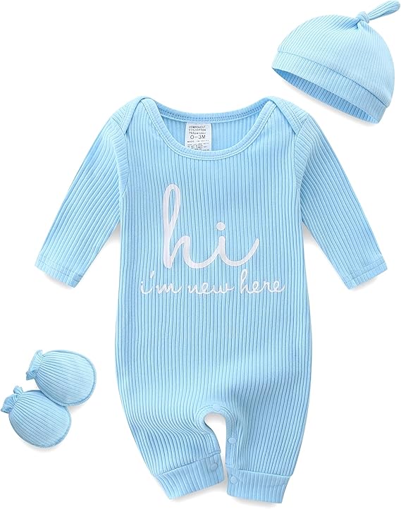 Baby Romper with Baby Mittens & Newborn Hats Footless Long Sleeve