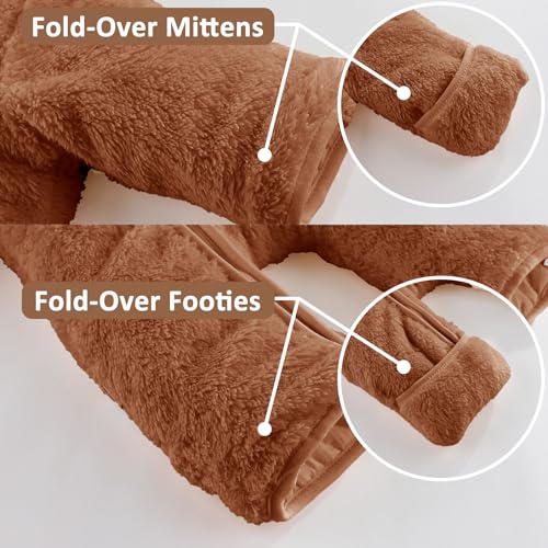 Newborn Baby Bear Outfit With Fold-Over Mittens and Footies 0-3 Months Girls Boys Winter Thickened Fleece Clothes